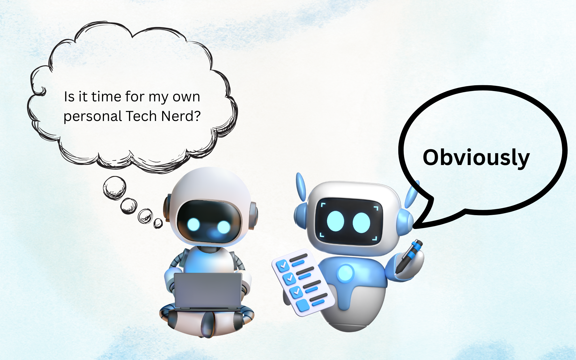 Two robots discussing personal tech assistance.
