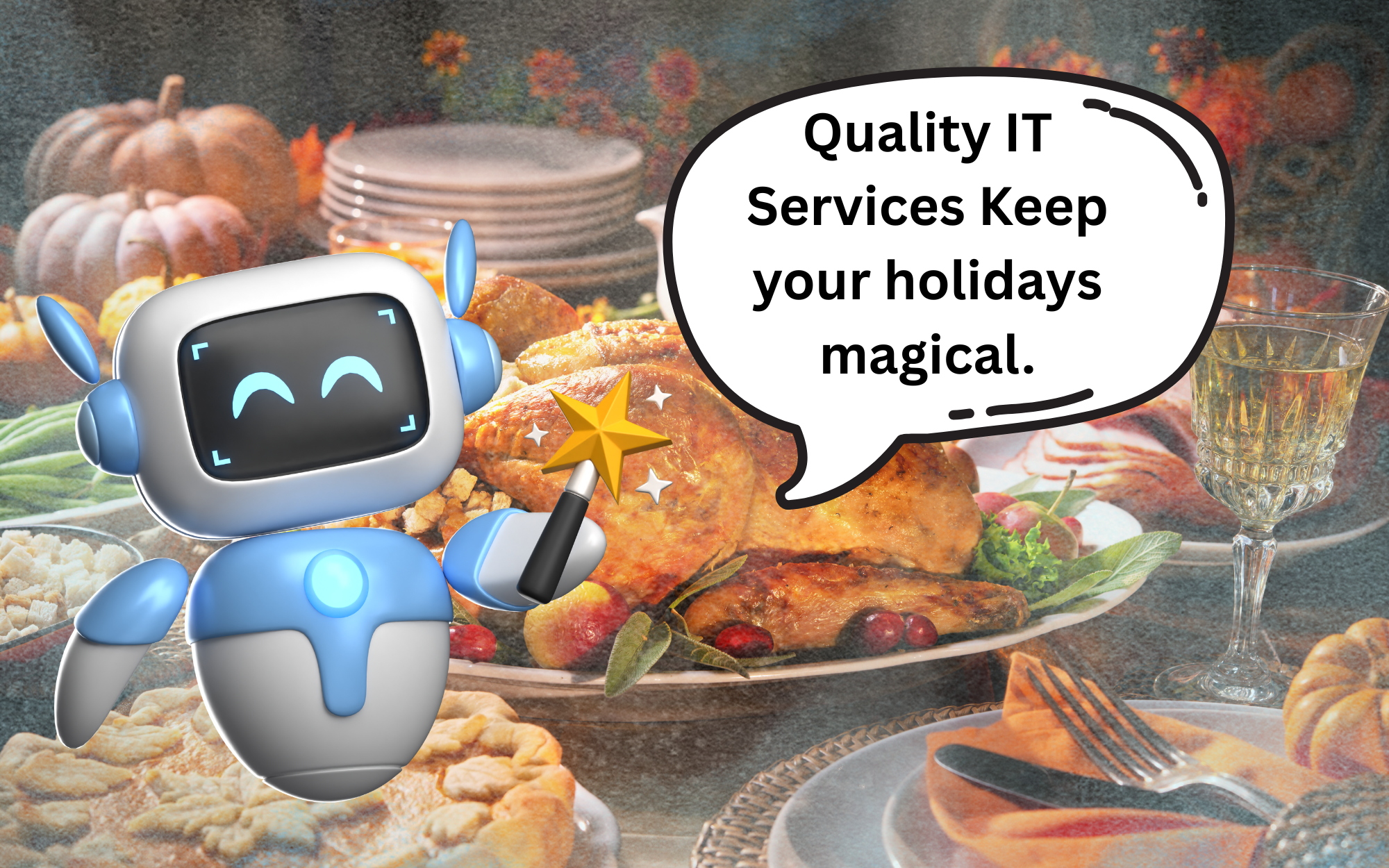 Robot promoting holiday IT services.